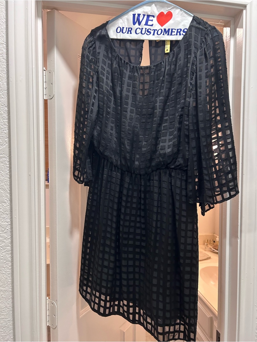 Alice + Olivia Black Grid-Pattern Sheer Overlay Dress